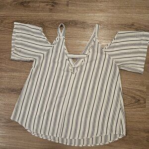 Sienna Sky Women's Open Shoulder White With Black Stripes Blouse